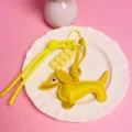 Yellow leather dachshund dog bag charm cute puppy pendant with chocolate accessory and lanyard - Yellow
