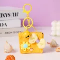 Yellow woven mini bag keychain cute bow bell pendant leather purse charm for women and girls bag decor - Yellow
