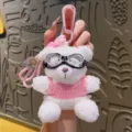 Cute plush teddy bear keychain with cool goggles and pink sweater bag pendant key ring. - Pink Shirt Bear