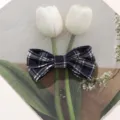 Korean college style vintage fabric plaid bow hair clip accessory detail view, cute hair styling tool. - Small Double-layer Bow / 1 Piece/Pack / Dark Blue