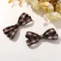Korean retro plaid ribbon hair clips set, cute preppy style fabric bow hair accessories for daily wear. - Large Double-layer Bow / 1 Piece/Pack / Coffee