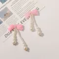 Long pearl bow dangling earrings pink iridescent bowknot handmade beaded fashion jewelry - Glitter Dark Pink