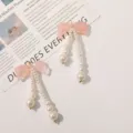 Elegant pink translucent bow pearl tassel drop earrings for women, handmade DIY jewelry. - Glitter Orange Pink