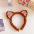 Simpatico cerchietto con orecchie di animale in peluche marrone da donna, morbida fascia per trucco. - Caffè