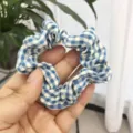 Coletero de tela a cuadros azul y blanco soporte de coleta bonito banda de pelo vintage mujer - Azul a Cuadros