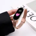 Cinturino di ricambio in maglia di acciaio inossidabile compatibile, color oro rosa. - Per Xiaomi Mi Band: 8/9/10 (NFC universale) / Oro rosa [Fibbia a spiga di grano]