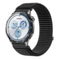 Detailed view of black woven nylon watch strap compatible with smartwatches, durable and elastic. - 22mm / Black