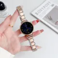 Detailed view of women smart watch stainless steel strap dual color metal link fashion design. - Silver-Rose Gold