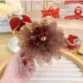 Bruine organza bloem haarclip met parels, grote haaraccessoire voor dames en meisjes stijl - 11cm / Champagne