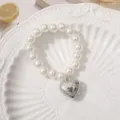 Elegant white pearl beaded bracelet featuring silver engraved heart pendant sweet style - 8mm Style 6 (1 Piece)