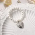 White pearl beaded bracelet with silver heart pendant elegant jewelry accessory sweet style - 6mm Style 2 (1 Piece)