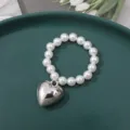 Pearl beaded ring with silver heart pendant cute jewelry accessory for women girls fashion daily - 8mm Large Puffy Heart (1 Piece)