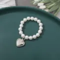 White Pearl Beaded Bracelet with Silver Heart Pendant Elegant Fashion Jewelry Accessory - 8mm Patterned Heart (1 Piece)