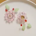 Handmade crystal flower earrings diy beading material with elegant green leaves. - Pink