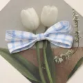 Blue and white plaid fabric bow hair clip, cute DIY hair accessory for daily wear. - Oversized Double Layer / Blue