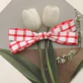 Detalle de un lazo de tela a cuadros rojos y blancos para accesorios de pelo DIY y bolsos. - Sobredimensionado Doble Capa / Rojo