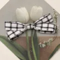 Closeup detail of black and white plaid fabric bow accessory for DIY crafts, hair clips. - Oversized Double Layer / Black