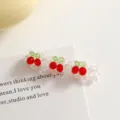 Crystal beaded cherry detail shot, handmade beaded accessory element for DIY crafts and jewelry. - Three Cherry Long Strip / 52x14mm