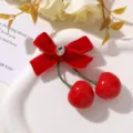 Rode fluwelen kers strik haarspeld, schattige strass haarklem voor dames en meisjes herfst. - Witte Strass / Rood