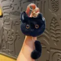 Portachiavi in peluche gatto nero carino con coda estraibile, ciondolo per borsa. - Testa di gatto con coda tirabile - gatto nero