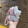Cute white terrier plush toy keychain, fluffy puppy bag charm with pink strap and lace decor. - Cosplay Westies - White Lace