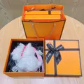 Cute white fluffy puppy plush toy pendant keychain with luxury gift box set for girls. - Westie Dress-up - White Lace + Orange Gift Box + Bag