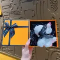 White puppy plush toy pendant with black lace, fluffy stuffed animal keychain in gift box - Westie Dress-up - Black Lace + Orange Gift Box