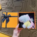 Cute West Highland White Terrier plush keychain, soft toy pendant with gift box. - Costumed Westie - Yellow Clothes + Orange Gift Box