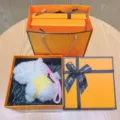 Cute West Highland white dog plush toy pendant with luxury orange gift box and bag set. - Costumed Westie - Yellow Outfit + Orange Gift Box + Gift Bag