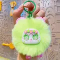 Cute green plush bear keychain, fluffy bag charm with flower crown and big glitter eyes. - Plush Sweetheart Bear - Green