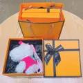Cute West Highland white dog plush toy pendant gift box cute bag charm lovely keychain - Dress-Up Westie - Birthday Hat + Orange Gift Box + Gift Bag