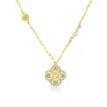 Detailed close-up of S925 silver four-leaf clover pendant necklace with pearls and enamel. - YX0228-Clover Green Enamel Style
