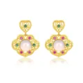 Close-up detail of retro gold-plated silver filigree earrings with pearl and stones. - YS0016-Vintage Ruyi Lock Earrings Style