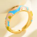 Boheemse kleurrijke geëmailleerde ring, verguld abstract patroon verstelbare ring. - Blauw Roze Geel Glazuur