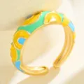 Boheemse kleurrijke geëmailleerde ring, vergulde open band met levendige geometrische patronen. - Geel Groen Blauw Email