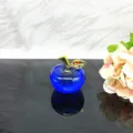Blue crystal apple figurine with gold rhinestone leaf, elegant desktop home decor gift. - Blue
