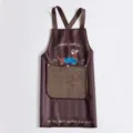 Waterproof kitchen apron with hand towel pocket, cute cartoon dachshund design, brown stripe. - Hand-Wipe Apron / Dark Color Puppy