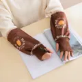 Brown plush arm sleeves for women, cute winter warm long oversleeves with cute English print. - Plaid Style / Coffee