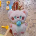 Cute pink plush cat keychain, soft furry bag charm, sweet blush kitten key ring for school backpack. - Plush Blushing Cat - Pink