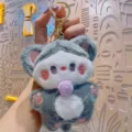 Cute gray plush cat keychain bag charm with pink blush and metal ring for cute backpack decor. - Plush Blushing Cat - Grey