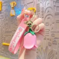 Pink tulip keychain cute backpack pendant metal ring charm gift for women girls daily accessories - Rose Flower (Sounding) / Pink