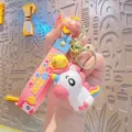 Cute cartoon unicorn bird keychain pendant, pink and blue strap keyring for car and bag. - Sitting Posture / White