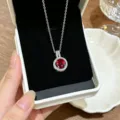 Elegant red zircon halo silver necklace for women, classic round pendant clavicle chain jewelry. - Silver Red Round Zirconia Necklace (D216)
