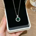 Exquisite green zircon halo pendant necklace with silver chain in jewelry box fashion. - Silver Green Round Zirconia Necklace (D218)