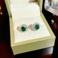 Elegant green rhinestone halo stud earrings, stylish sparkling silver jewelry variant. - Silver Green Round Zirconia Stud Earrings (D219)