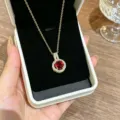 Exquisite zircon titanium steel necklace with red stone pendant, stylish clavicle chain. - Gold Red Round Zirconia Necklace (D222)