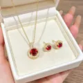 Gold Red Zircon Necklace Earrings Set Two-Piece Luxury Halo Jewelry Fashion Clavicle Chain - Gold Red Zirconia Set (Necklace + Earrings)