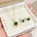 Gold round green zircon necklace earrings set elegant halo pendant jewelry accessory - Gold Green Zirconia Set (Necklace + Earrings)