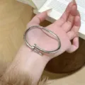 Silbernes Nagelform Titanstahl Armreif Armband Modeschmuck für Damen Alltag Kleidung - Silber Vierblättrige Blume Nagel Armreif