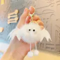 White fluffy bat plush keychain cute little devil bag charm soft cartoon doll pendant ornament - White
